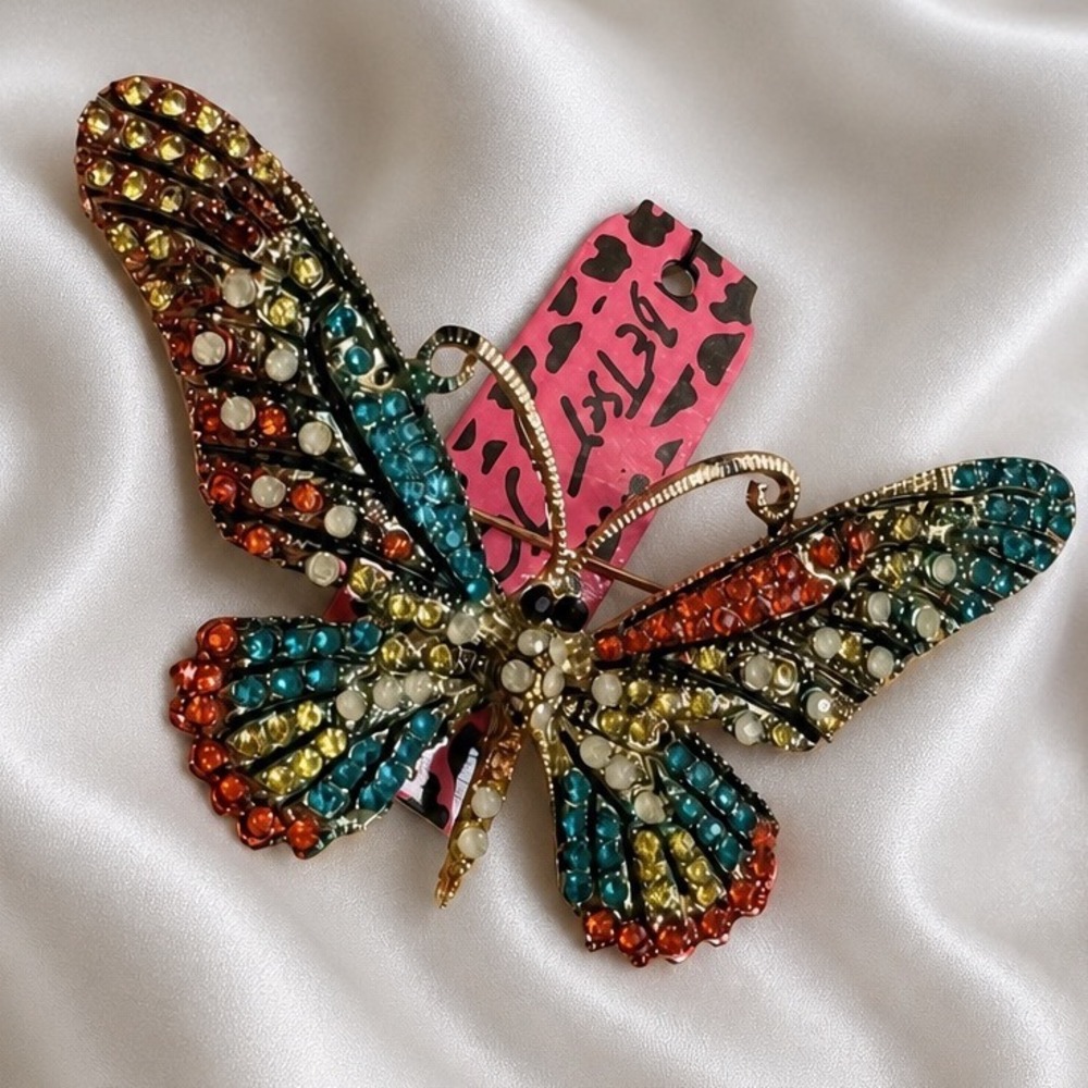 Betsey Johnson Multicolored Rhinestone Butterfly Brooch Gold Tone Statement Pin